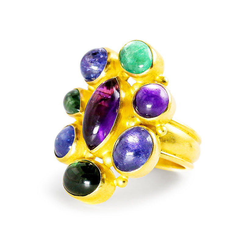"Carnivale" Ring (Emerald, Tourmaline, Amethyst, Tanzanite, 22k Gold)