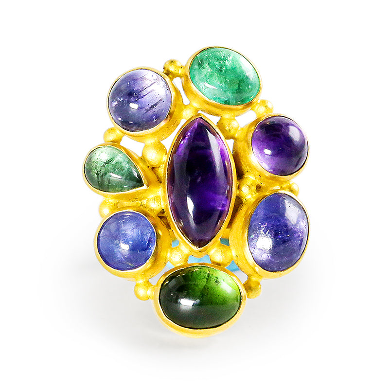 "Carnivale" Ring (Emerald, Tourmaline, Amethyst, Tanzanite, 22k Gold)