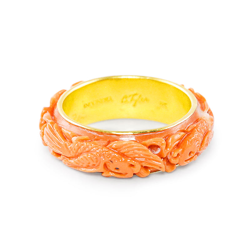"Moongate Phoenix" Band Ring (Italian Carved Coral, 18k Gold)