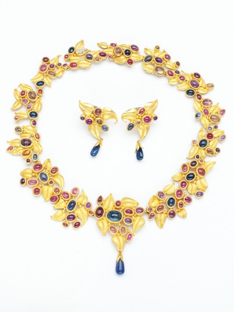 "Ophelia" Necklace (Multicolor African Sapphire, Ruby, 22k Gold)