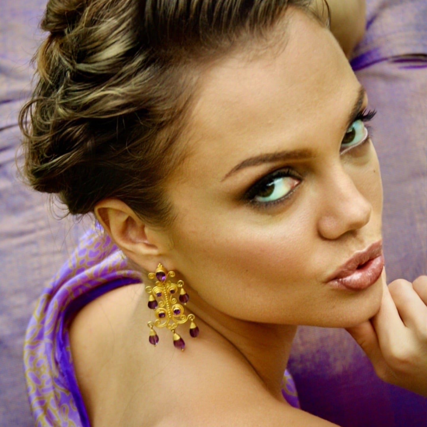 "Sonya" Chandelier Earrings (Rhodolite Garnet, Rubellite Tourmaline, 22k, 18k Gold)