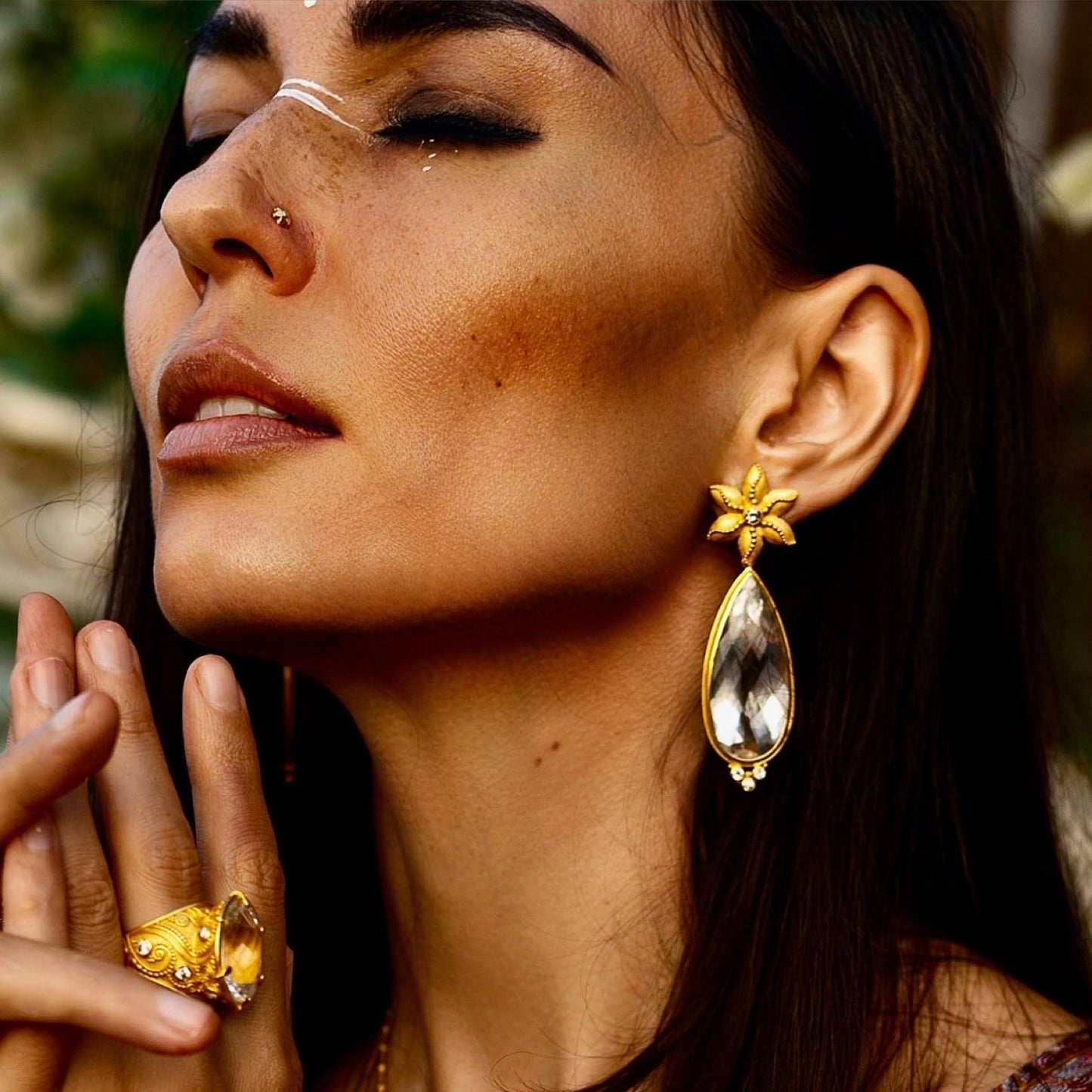 "Helsinki" Drops for Earrings with Hooks (White Topaz, White Zircon, 22k Gold)