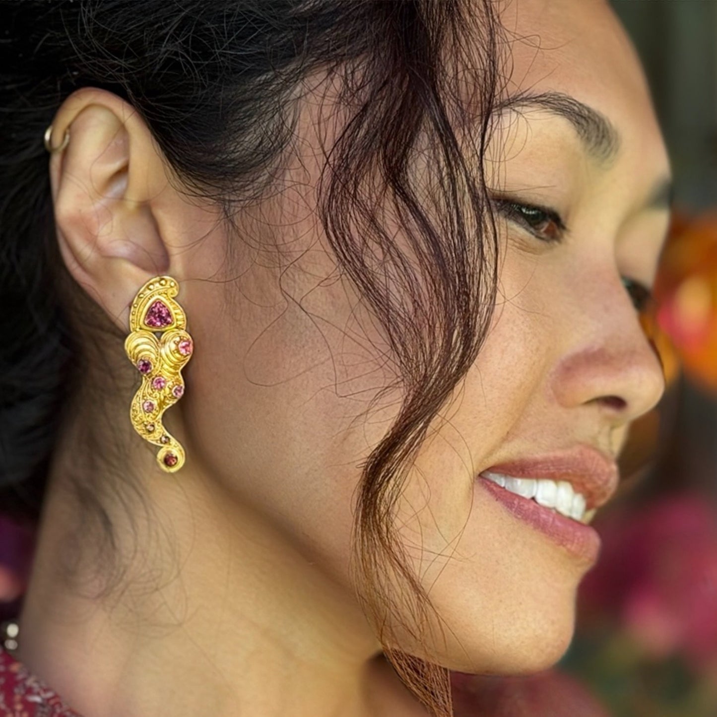 "Jazz Dancer" Earrings (Rubellite Tourmaline, Ruby, 22k, 18k Gold)