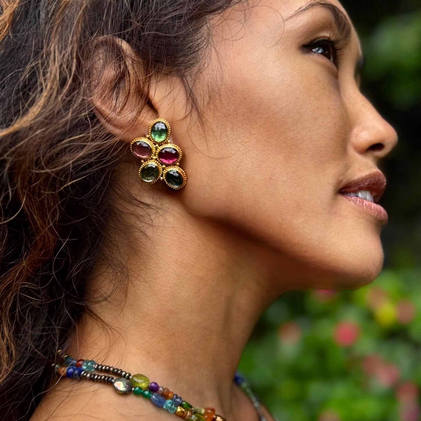 "Provence" Button Earrings (Pink and Green Tourmaline, 22k Gold)