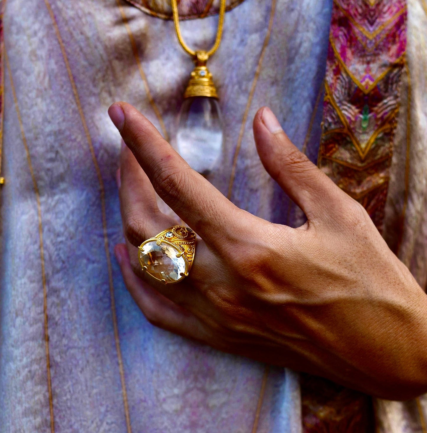 "Klimt" Ring (White Topaz, White Cambodian Zircon, 22k Gold)