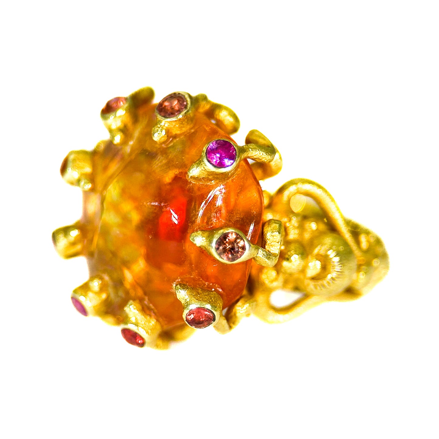 "Fiery Octopus" (Mexican Fire Opal, Pink & Orange Sapphire, 22k Gold)
