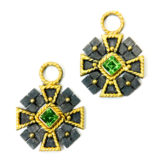 "Maltese Cross" Drops for Hoop Earrings (Tsavorite Garnet, 18k Gold, Oxidized Sterling Silver)