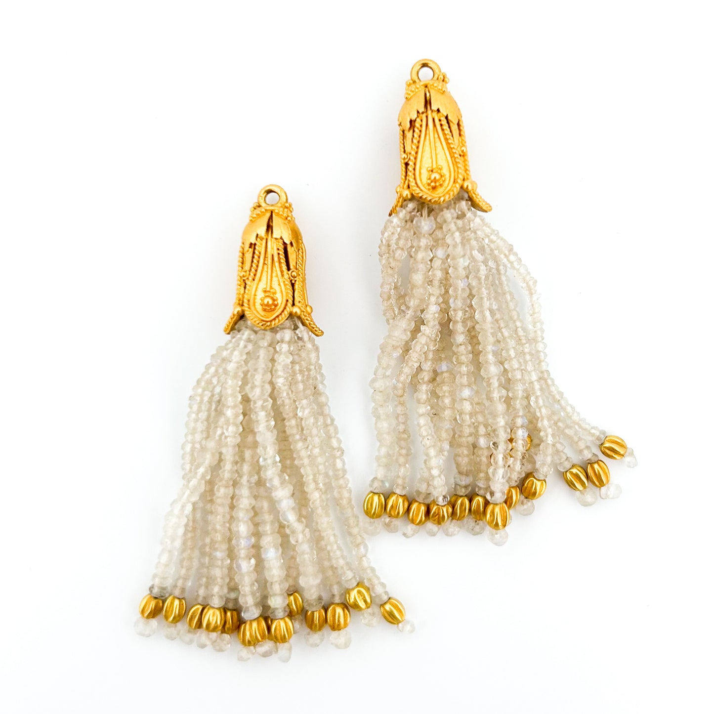 "Cone Flower" Tassel Earring Drops (Moonstone Beads, 22k, 18k Gold)
