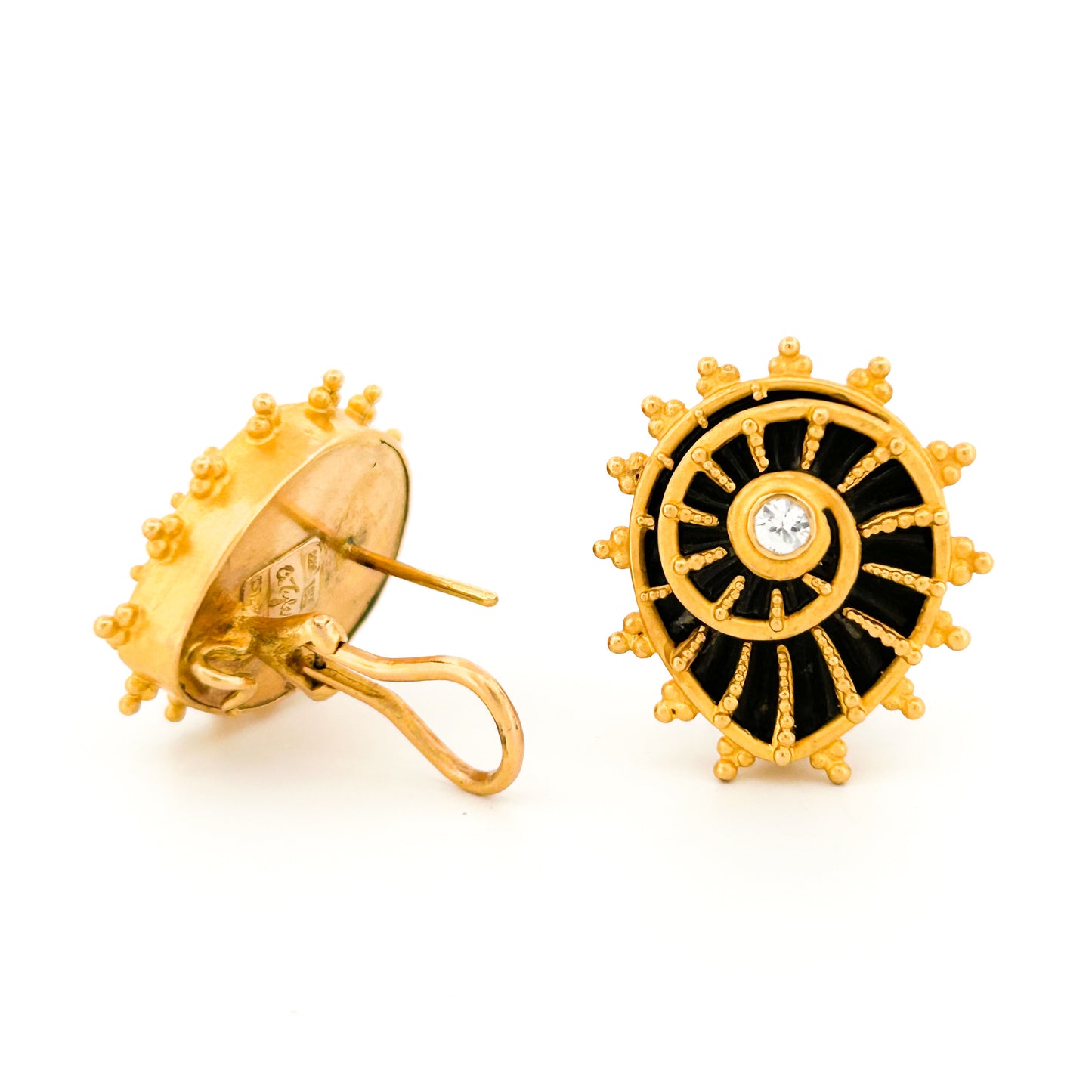 "Ammonita" Button Earrings (Ammonite Fossils, White Sapphire, 22k, 18k Gold)
