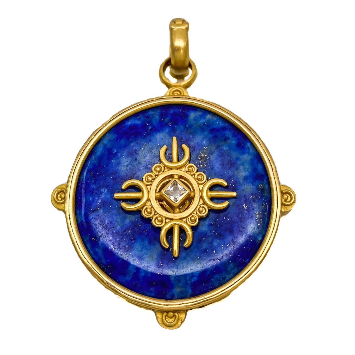 "Compass" Pendant (Lapis Lazuli, Ruby, White Cambodian Zircon, 22k Gold)