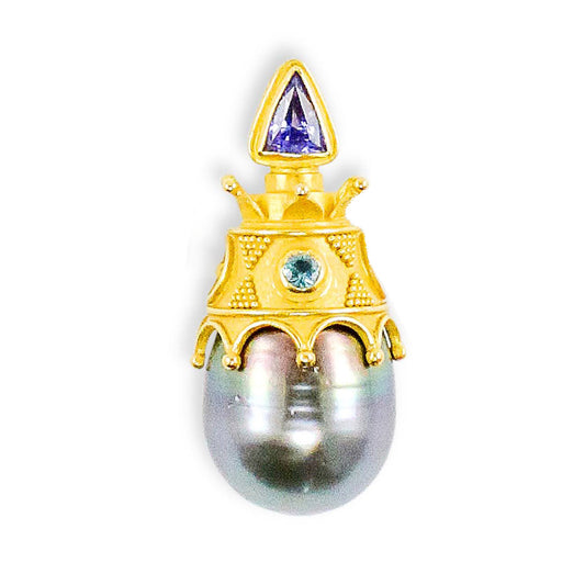 "Demeter" Pendant (Tahitian Pearl, Tanzanite, Paraiba Tourmaline, 22k Gold)