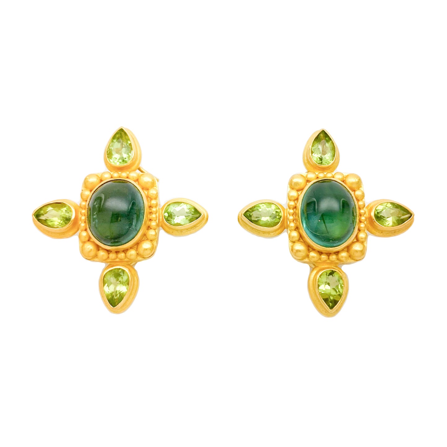 "Konstantin Cross' Stud Earrings (Green Tourmaline, Peridot, 22k Gold)