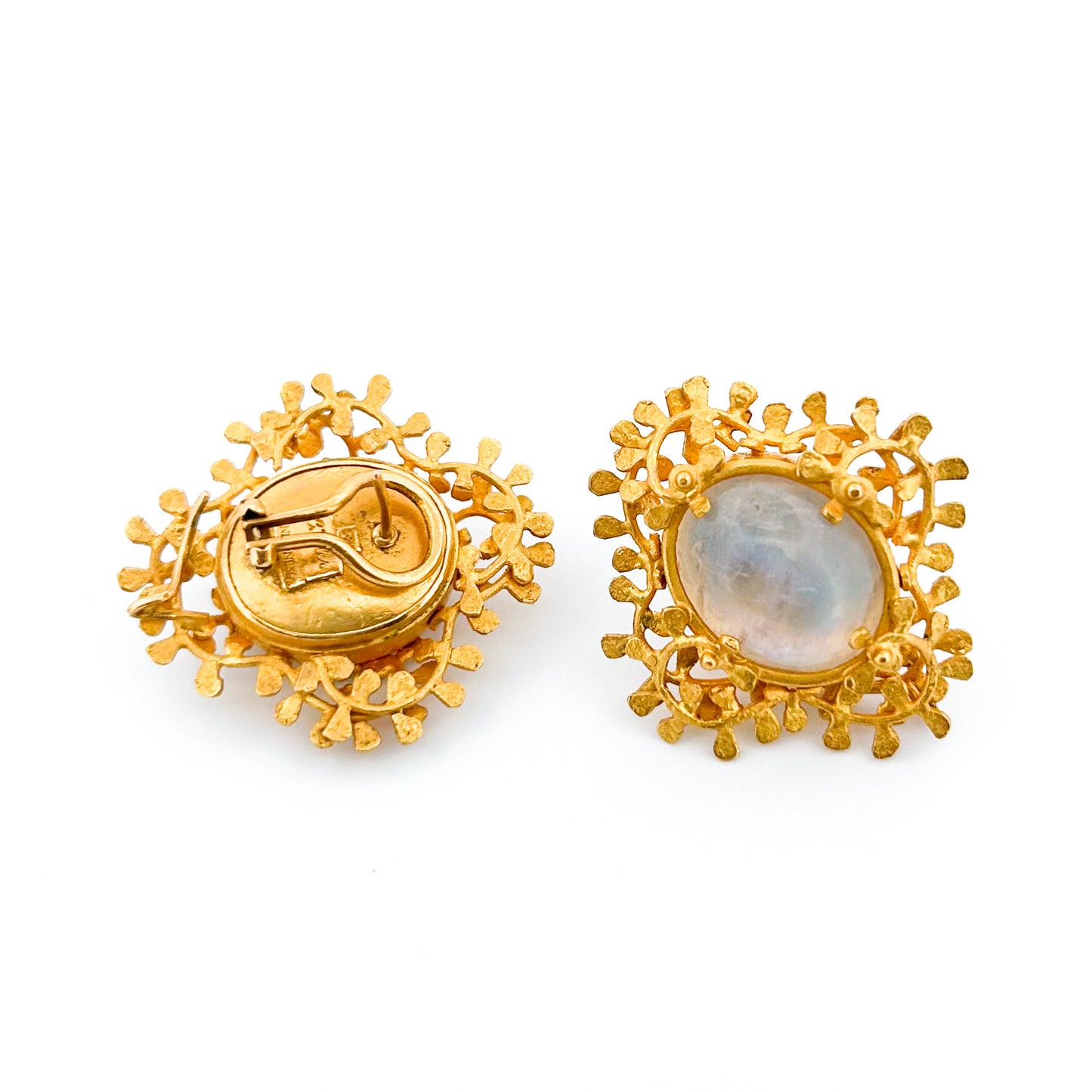 "Seaweed" Button Earrings (Rainbow Moonstone, 22k, 18k Gold)