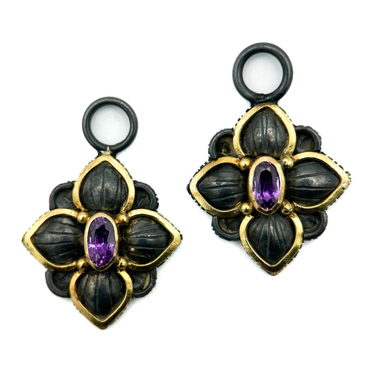 "Lotus" Drops for Hoop Earrings (Purple Sapphire, 18k Gold, Oxidized Sterling Silver)