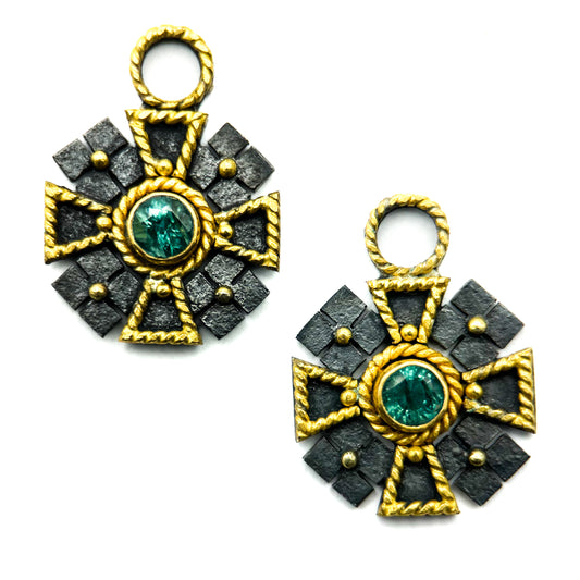 "Maltese Cross" Drops for Hoop Earrings (Paraiba Tourmaline, 22k, 18k, Oxidized Sterling Silver)