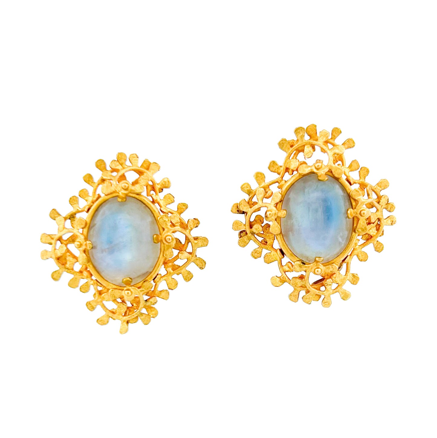 "Seaweed" Button Earrings (Rainbow Moonstone, 22k, 18k Gold)