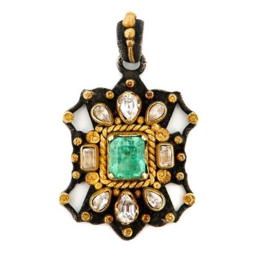 "Damanhur" Pendant (Emerald, White Sapphire, 22k Gold, Oxidized Sterling Silver)