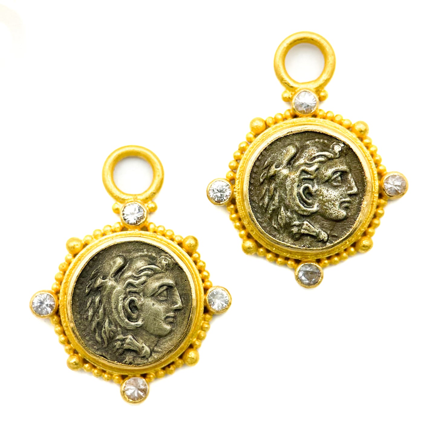 "Sardinia" Drops for Hoop Earrings (Roman Coins, White Sapphire, 22k Gold)