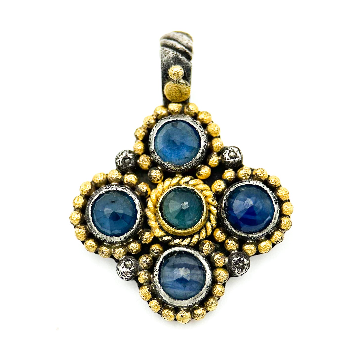 "Mini Maltese" Pendant (Blue Sapphire, 22k Gold, Oxidized Sterling Silver)