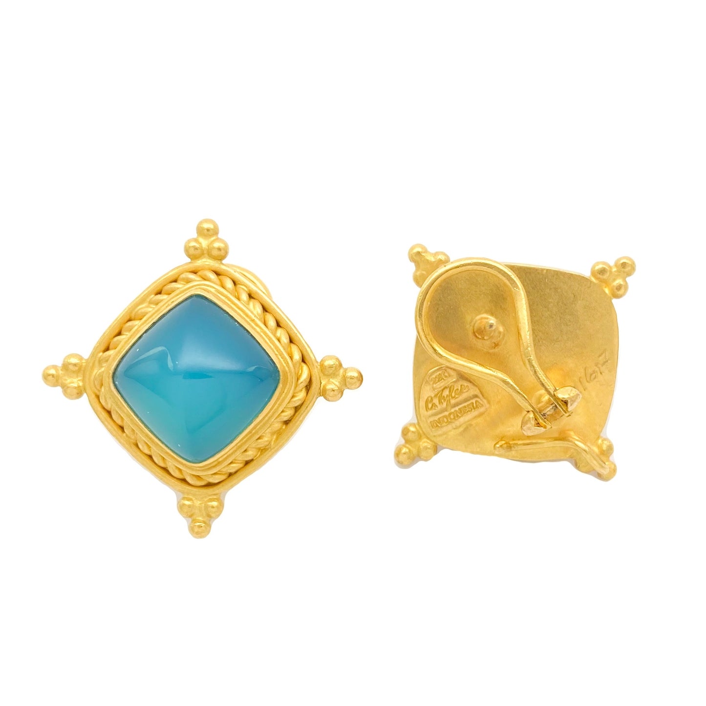 "Idar Button" Stud Earrings (Blue Agate, 22k Gold)