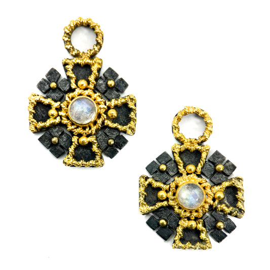 "Maltese Cross" Drops for Hoop Earrings (Rainbow Moonstone, 18k Gold, Oxidized Sterling Silver)