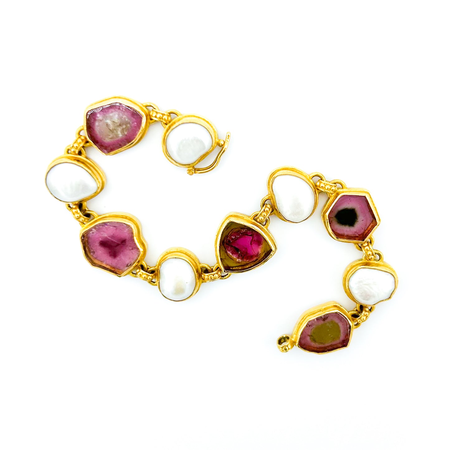 "Hard Candy" Bracelet (Watermelon Tourmaline, Pearl, 22k, 18k Gold)
