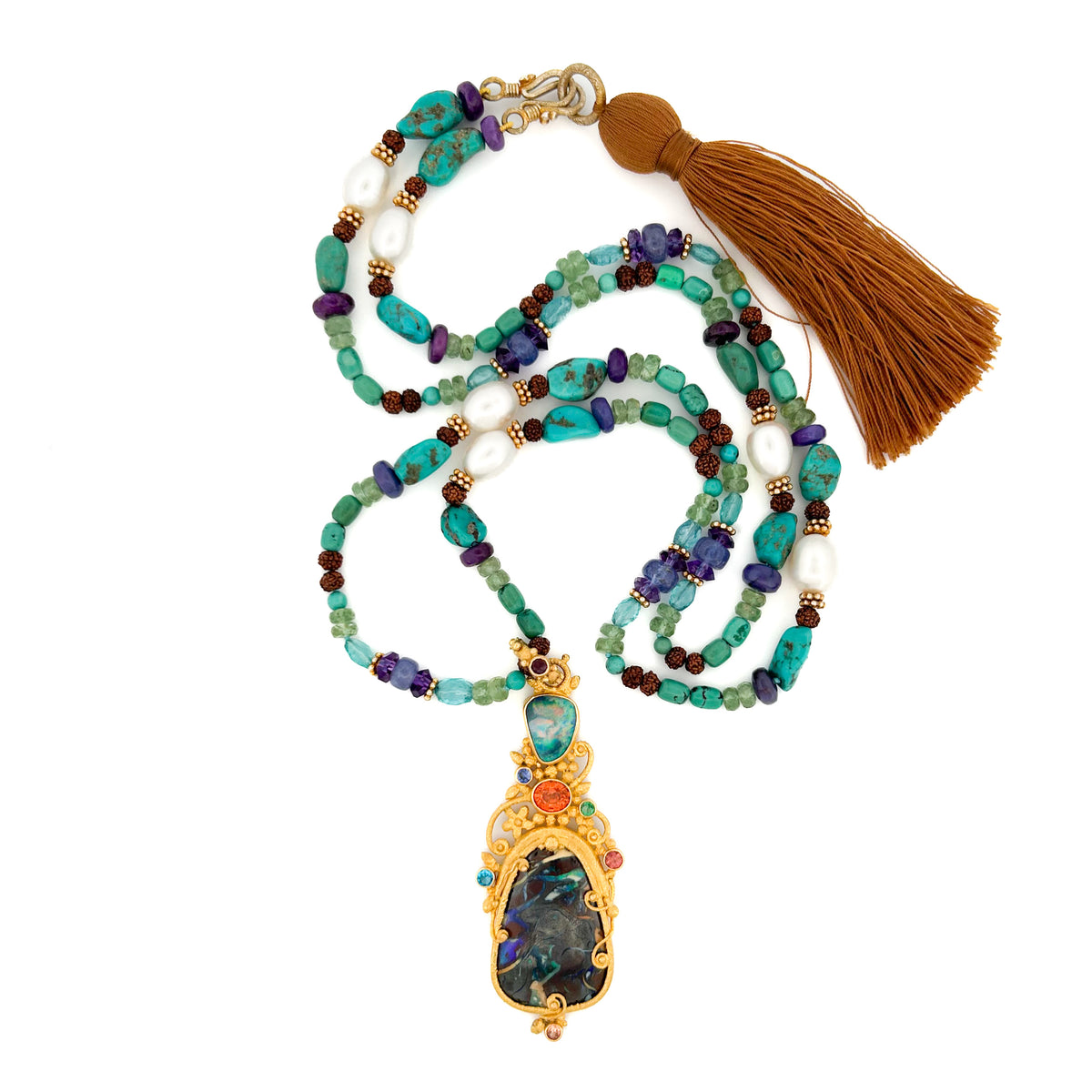 "Faerie" Pendant (Australian Lightning Ridge and Yowah Opal, Apatite, Sapphire, 22k Gold)
