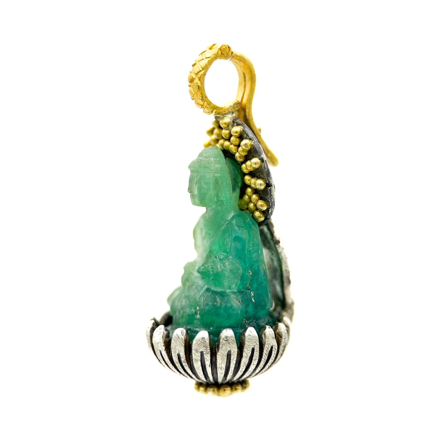 "Buddha Padma" Pendant (Carved Emerald Buddha, 22k, 18k Gold, Sterling Silver)