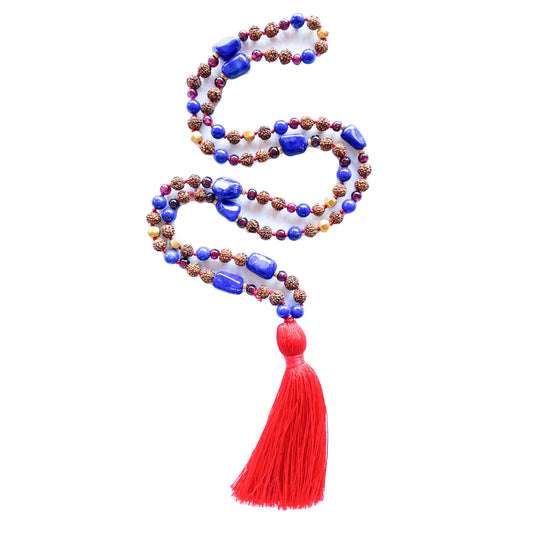 "Udaipur" Necklace (Lapis Lazuli, Rhodolite Garnet, Rudraksha Seeds, 18k Gold, Silk)