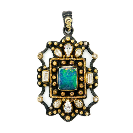 "Damanhur" Pendant (Australian Opal, White Sapphire, 22k, 18k Gold, Oxidized Sterling Silver)