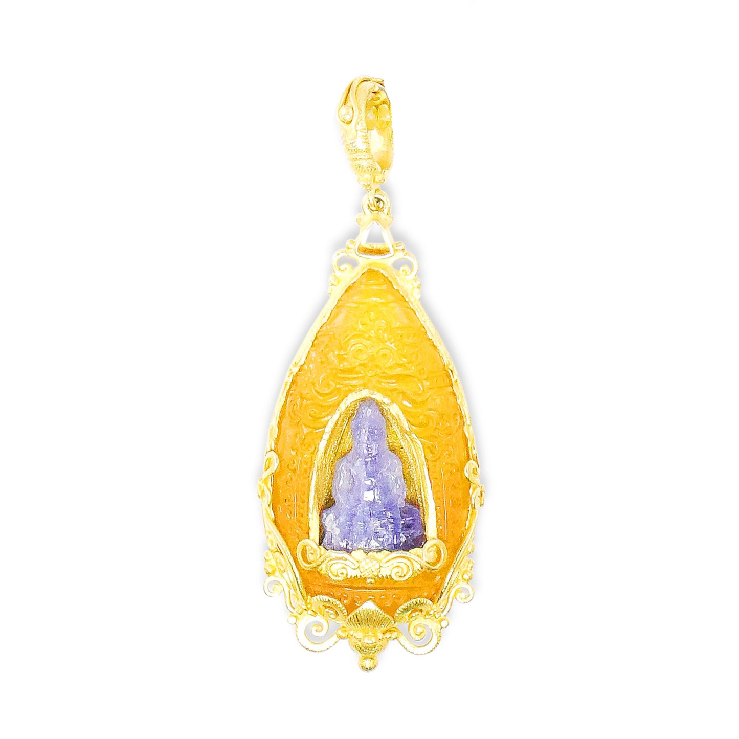 "Candi Buddha" Pendant (Amber, Tanzanite, 22k, 18k Gold)