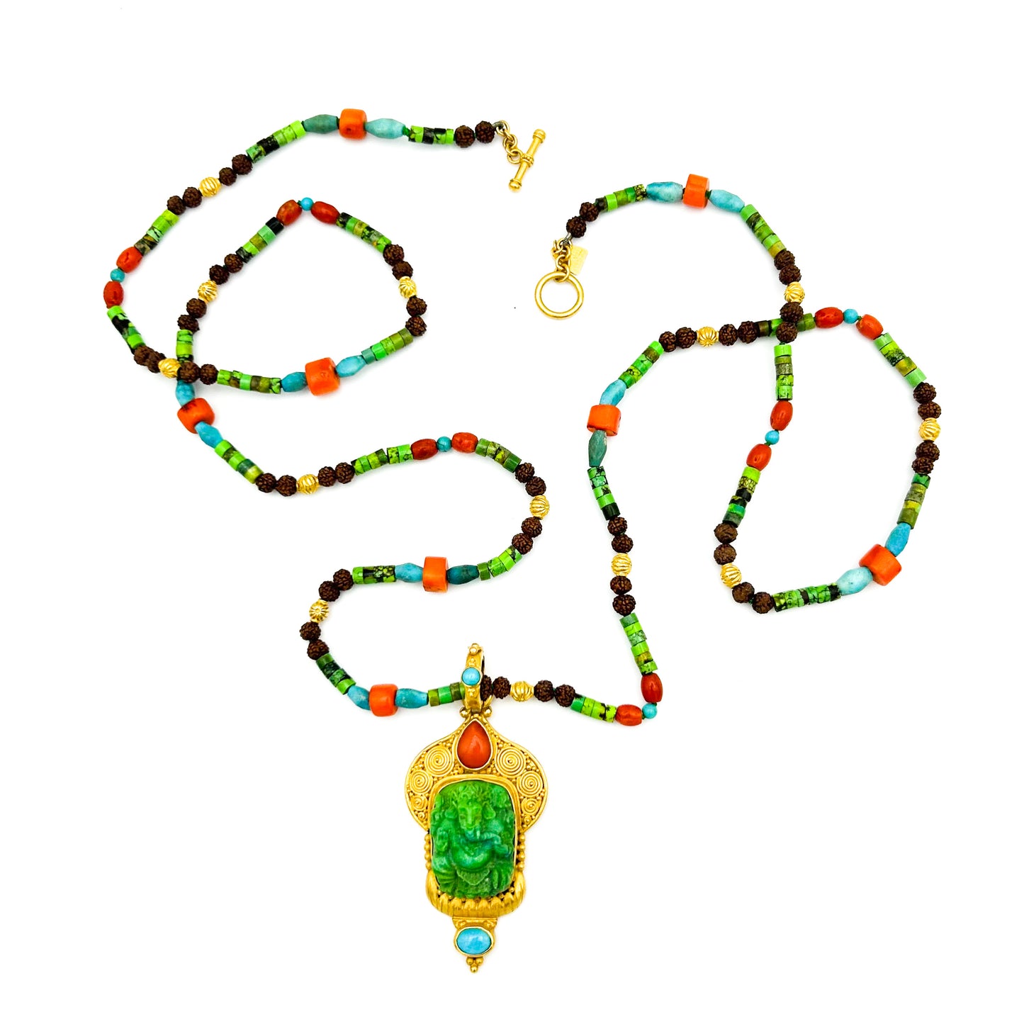 "Temple of Ganesh" Pendant (Green Turquoise, Italian Coral, Sleeping Beauty Turquoise, 22k Gold)