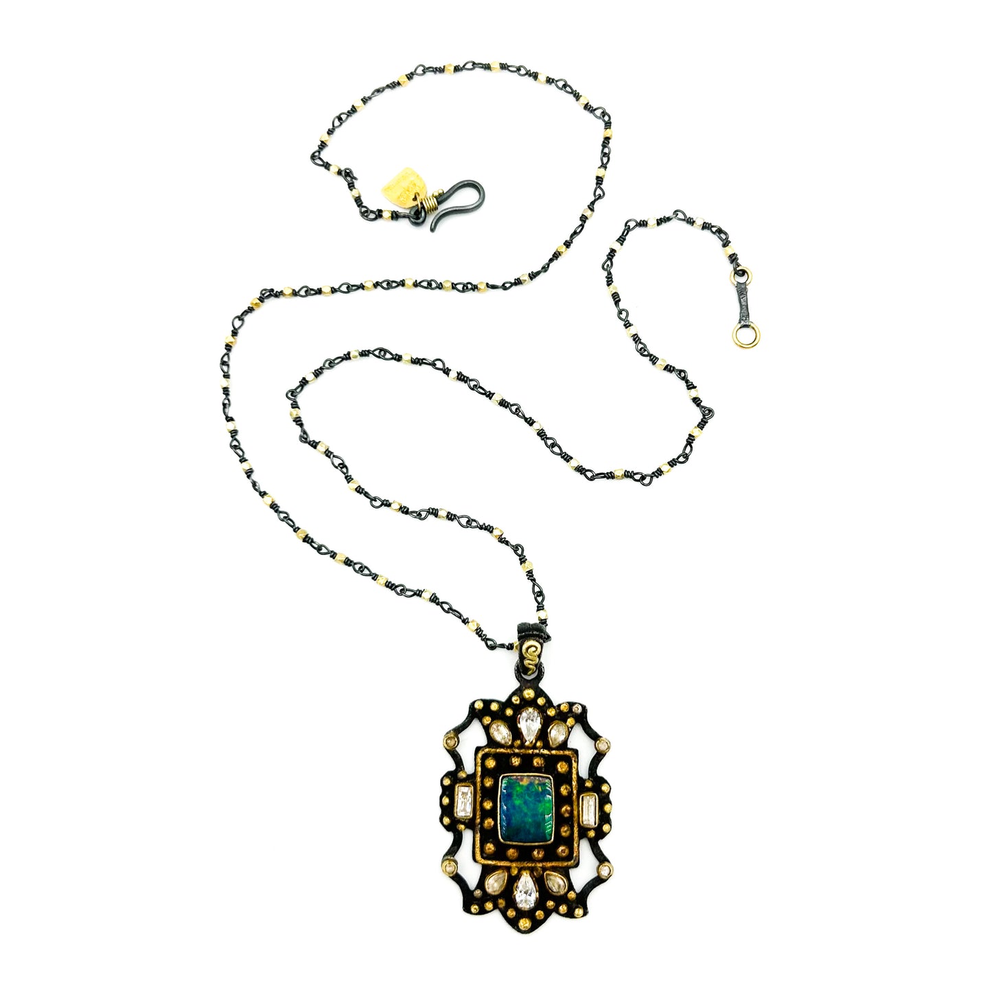 "Damanhur" Pendant (Australian Opal, White Sapphire, 22k, 18k Gold, Oxidized Sterling Silver)