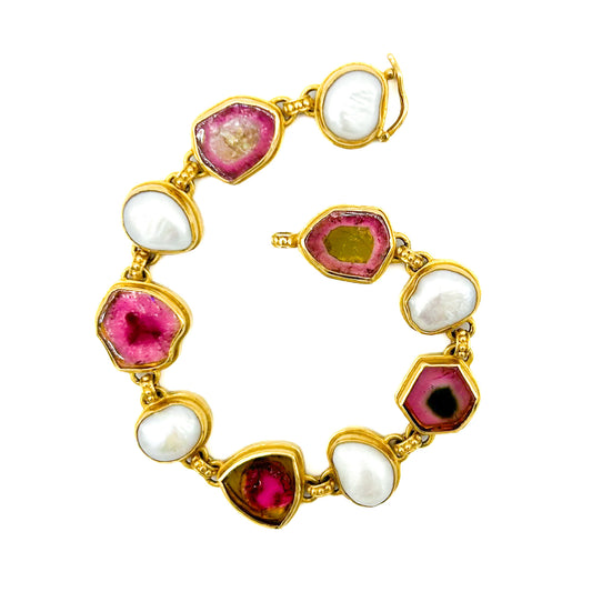 "Hard Candy" Bracelet (Watermelon Tourmaline, Pearl, 22k, 18k Gold)