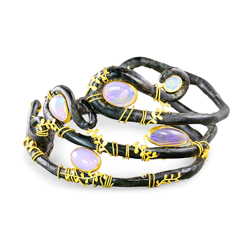 "Seaweed" Bangle Bracelet (Australian Opal, Black Coral, 18k Gold)
