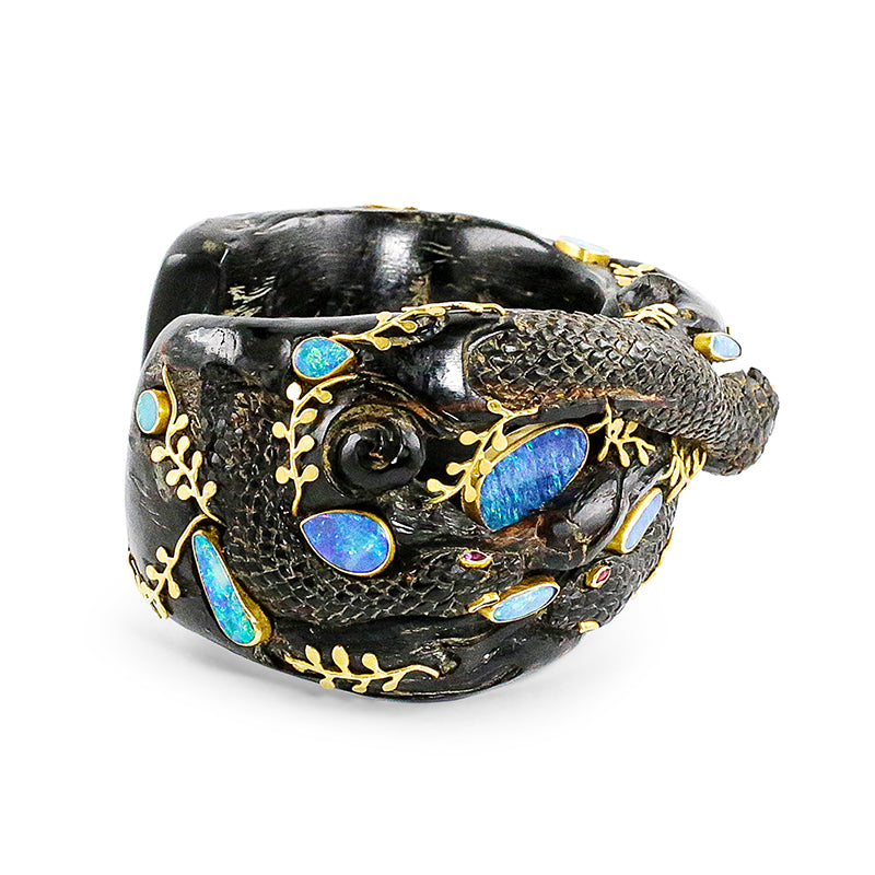 "Seaweed Serpent" Cuff Bracelet (Australian Opals, Black Coral, Ruby, 18k Gold)