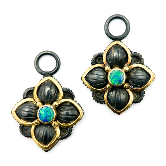 "Lotus" Drops for Hoop Earrings (Australian Opal, 18k Gold, Oxidized Sterling Silver)