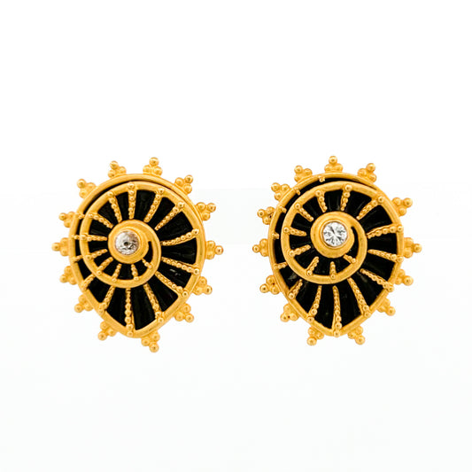 "Ammonita" Button Earrings (Ammonite Fossils, White Sapphire, 22k, 18k Gold)