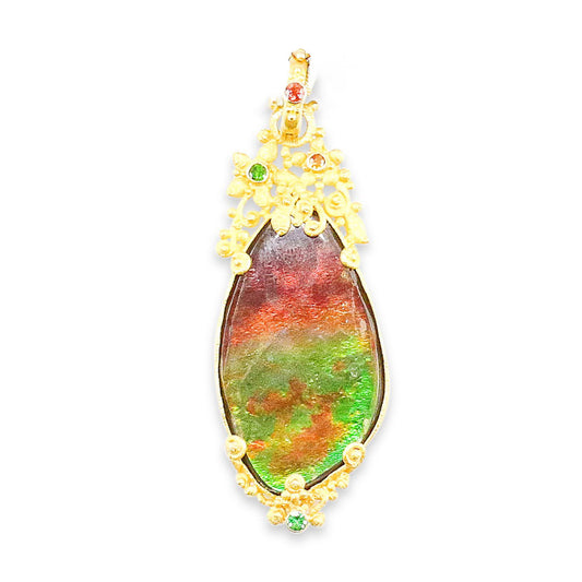 "Faerie" Pendant (Fossil Ammolite, Zircon, Garnet, 22k Gold)