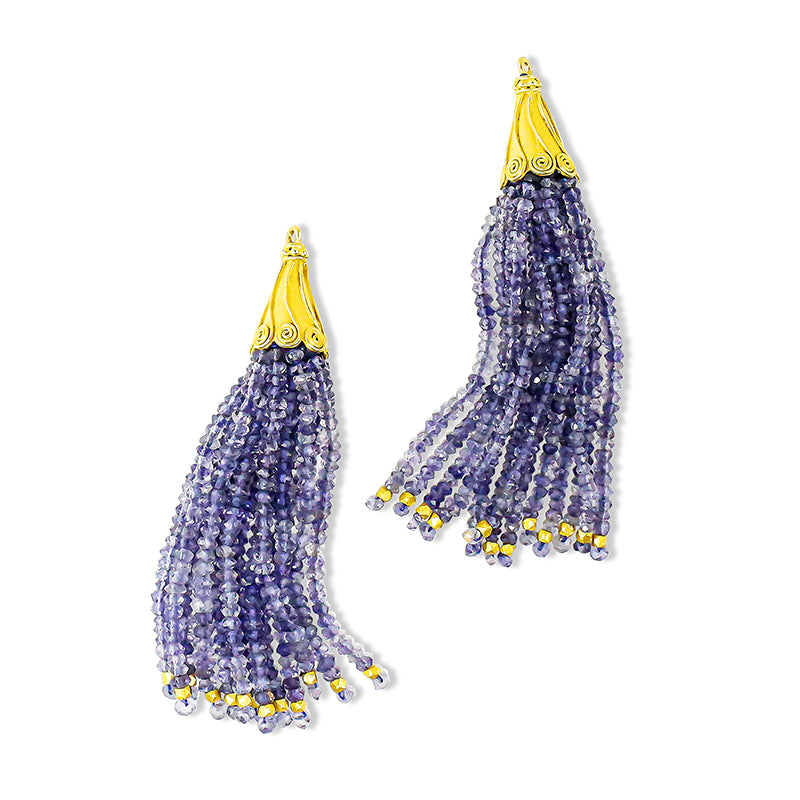 "Spiral Cap Tassel" Drops for Hook Earrings (Tanzanite Beads, 18k, 22k, Gold)