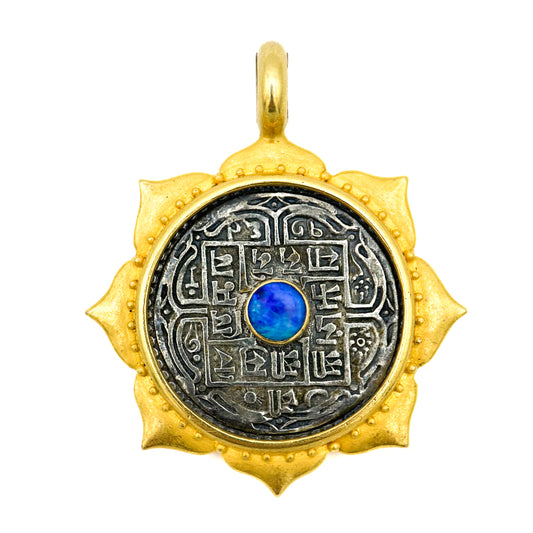 "Lotus Talisman" Pendant (22k Gold, Oxidized Sterling Silver, Australian Opal)
