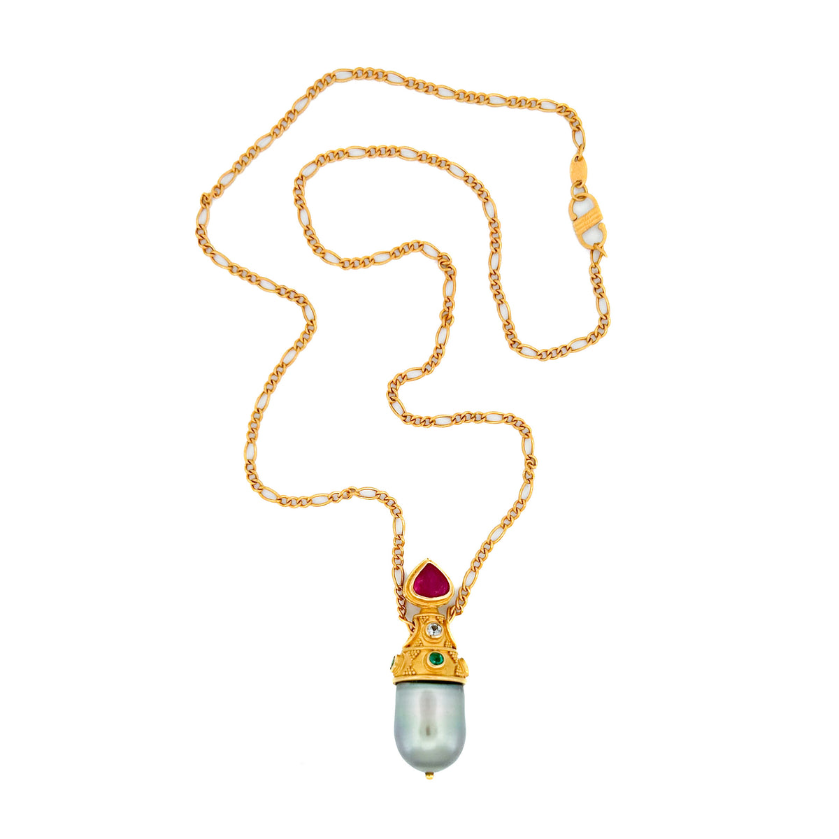 "Aphrodite" Pendant (Tahitian Pearl, Ruby, Paraiba Tourmaline, Diamond, 22k Gold)