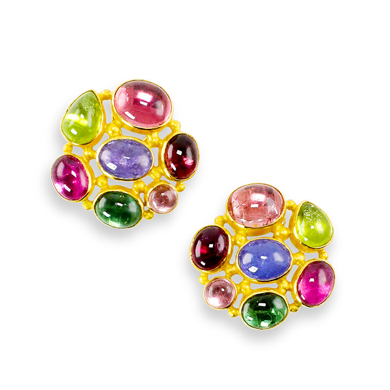 "Provence" Button Earrings (Tourmaline, Tanzanite, Peridot, 22k, 18k Gold)