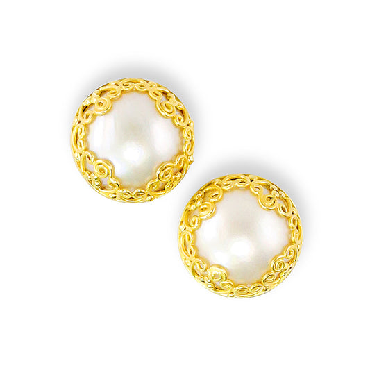 "Westminster" Button Earrings (White Mabe Pearl, 22k, 18k Gold)