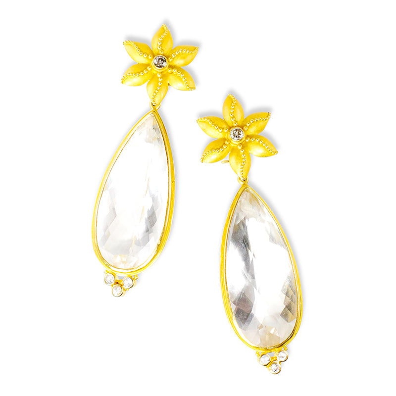 "Helsinki" Drops for Earrings with Hooks (White Topaz, White Zircon, 22k Gold)