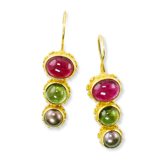 "Shepherd's Hook" Earrings (Rubellite and Green Tourmaline, Freshwater Pearl, 18k, 22k Gold) SOLD