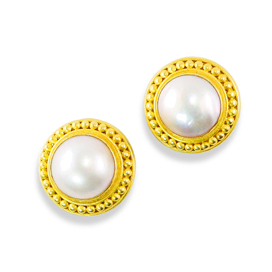 "Ben" Button Earrings (White Mabe Pearl, 22k, 18k Gold)
