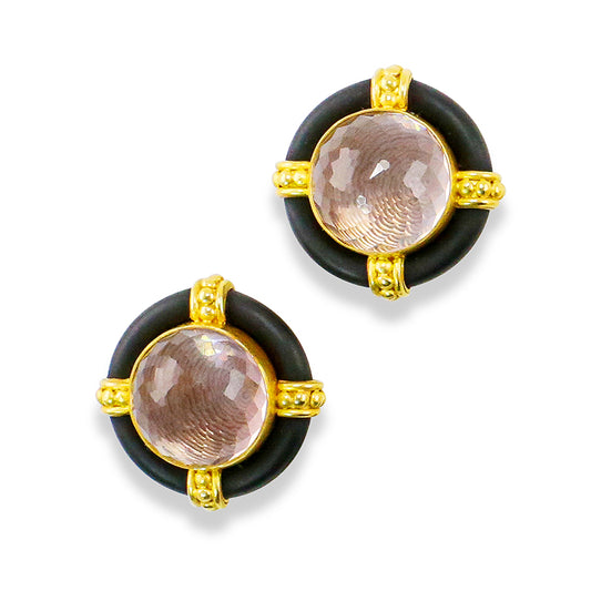 "Karet Etrusca" Button Earrings (Rose Quartz, Neoprene Rubber, 22k, 18k Gold, Sterling Silver)