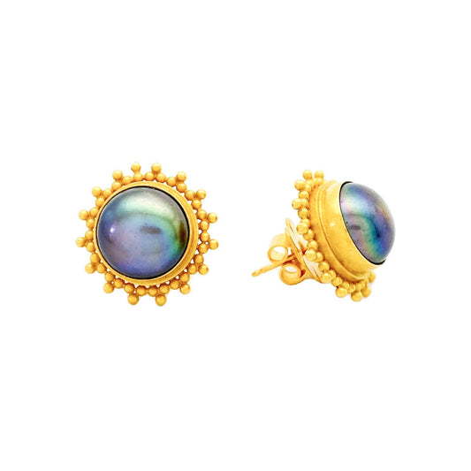 "Matahari" Stud Earrings (Aubergine Button Freshwater Pearl, 22k Gold)