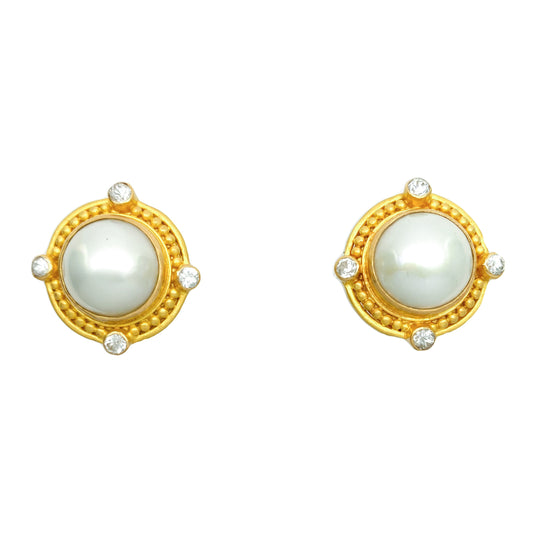 "Ben Batu" Button Earrings (White Pearl, White Sapphire, 22k Gold)